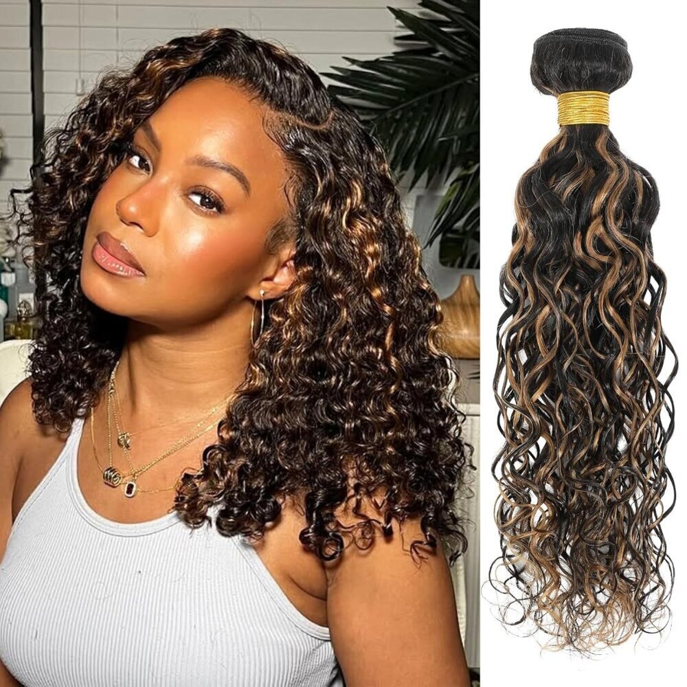 Water Wave Human Hair Bundle 12 Inches Highlight Black Honey Blonde